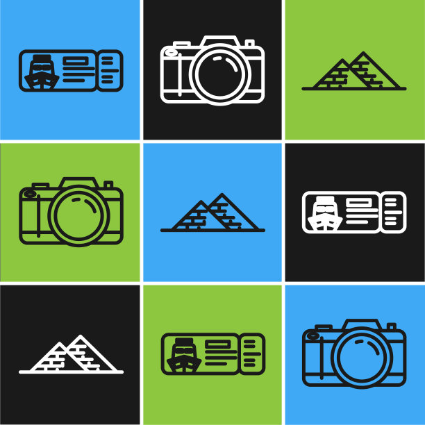 订行邮轮船票，埃及金字塔和摄影图标。向量图片下载