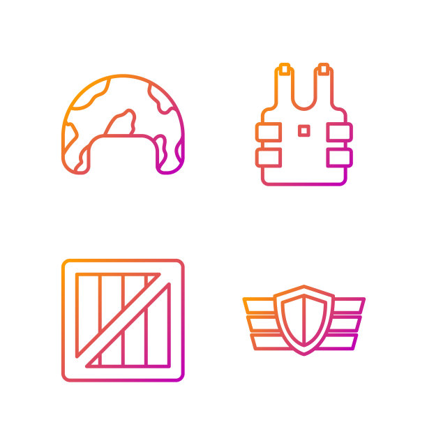 设行军事奖励勋章、军事弹药箱、军事头盔、防弹背心等。渐变颜色图标。向量图片下载