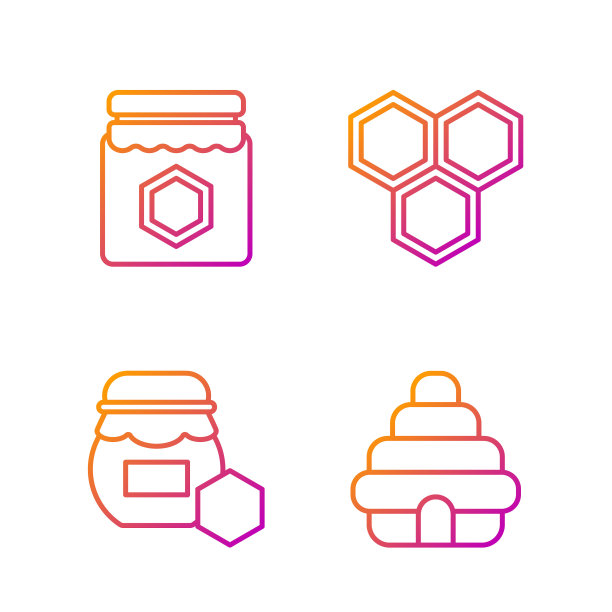 为蜜蜂，蜂蜜罐，蜂蜜罐和蜂巢设置直线蜂巢。渐变颜色图标。向量图片下载