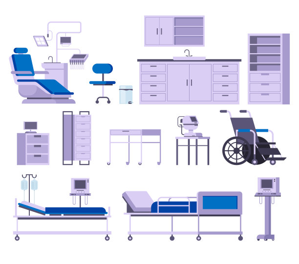 医院医疗设备家具独立设置。矢量平面设计卡通插图图片下载