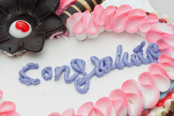 特写蛋糕顶部装饰与文字祝贺图片下载