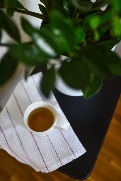 温泉浴间配有一杯茶和一株金钱树。垂直的照片。图片下载