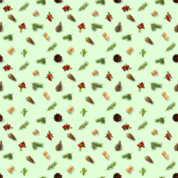 圣诞无缝模式与松果，葡萄酒软木和越橘。图案圣诞节无缝在一个绿色的背景。现实的照片拼贴。图片下载