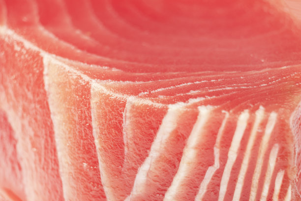 微距拍摄黄鳍金枪鱼牛排背景。新鲜的金枪鱼牛排近距离。生黄鳍金枪鱼片质地。背景:新鲜金枪鱼肉。金枪鱼片。图片下载
