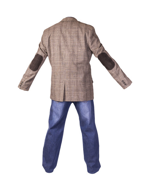 男式纽扣浅棕色夹克，男式蓝色牛仔裤，黑色皮鞋和衬衫孤立在白色背景上图片下载