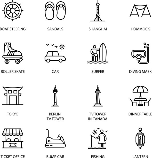 旅游度假和著名地标的轮廓图标图片下载