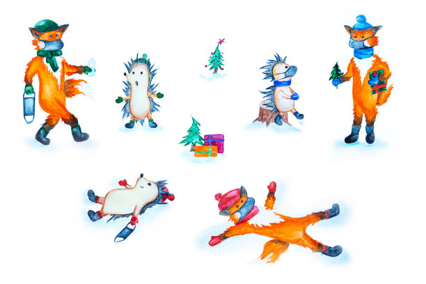 圣诞套手绘水彩动物。戴着面罩的狐狸和刺猬。图片下载