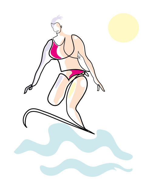 一个女人站在冲浪板上的线条画。极限运动的概念。图片下载