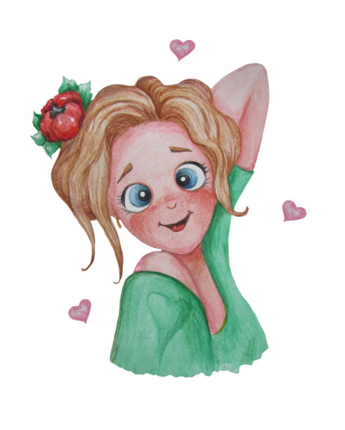 可爱的金发女孩。一个美丽的，微笑着的性感女孩，她的头发上插着一朵猩红色的花，白色的背景上还有一颗心。水彩。手绘。为设计和祝贺情人节图片下载