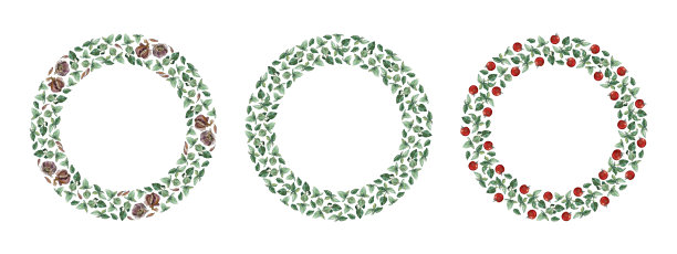 三个圆形框架大蒜，西红柿和绿色罗勒树枝和叶子，孤立在白色。水彩插图。图片下载