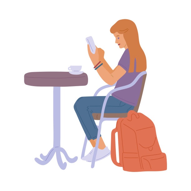 女孩在咖啡馆与一杯咖啡或茶和智能手机一个平面矢量插图图片下载