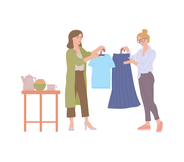 年轻女孩提供旧衣柜交换交换派对，素描矢量插图孤立。图片下载