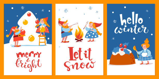 一套三卡通圣诞hygge卡与有趣的地神和字母。图片下载