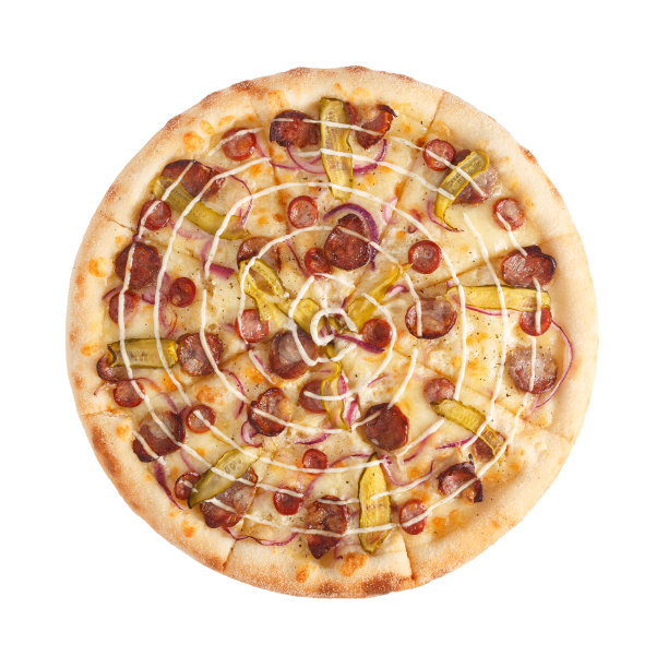 美味的意大利辣披萨配大蒜酱，狩猎香肠，红洋葱和黄瓜图片下载