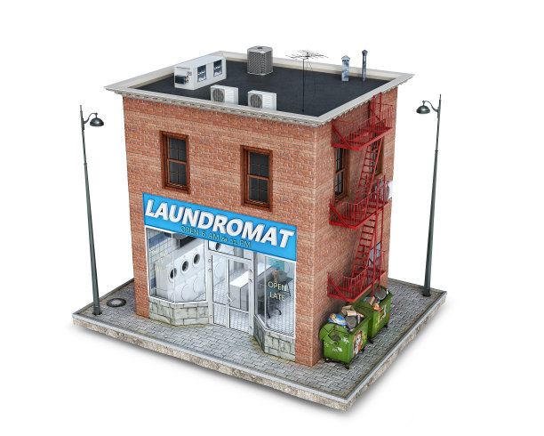 洗衣店建筑在一块地面上，3d插图图片下载