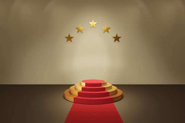 3D渲染，红地毯直接走向金色的空旷讲台，五星背景。图片下载