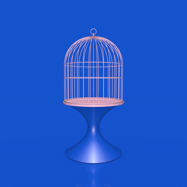 粉红色空鸟笼在蓝色的立场和蓝色的背景，3D渲染库存照片图片下载