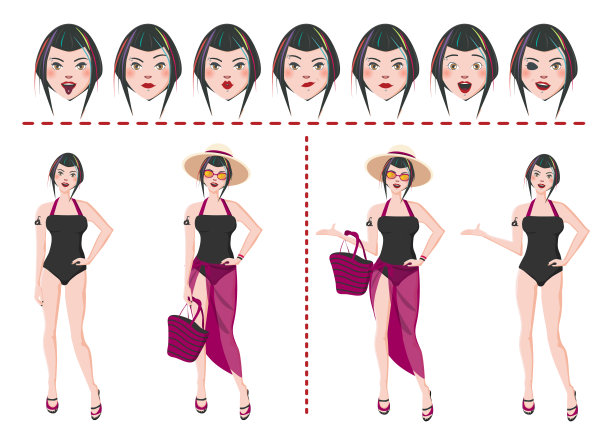 朋克海滩女孩角色创造集。穿着泳衣的女人。海滩上的配件;帽子，袋子，透明的Pareoe，拖鞋，太阳镜。不同的情绪,手势。卡通风格。图片下载