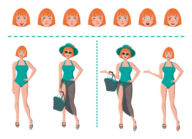 生姜海滩女孩人物创作集。穿泳装的女人。海滩上的配件;采购产品帽子，包，透明Pareoe，拖鞋，太阳镜。不同的情绪，手势。卡通风格。图片下载