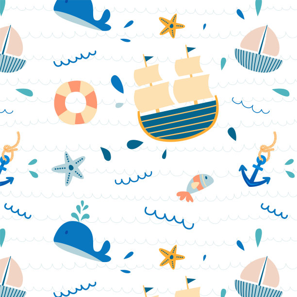 蓝海与蓝鲸，船，船，锚和鱼在海洋模式，矢量，插图图片下载