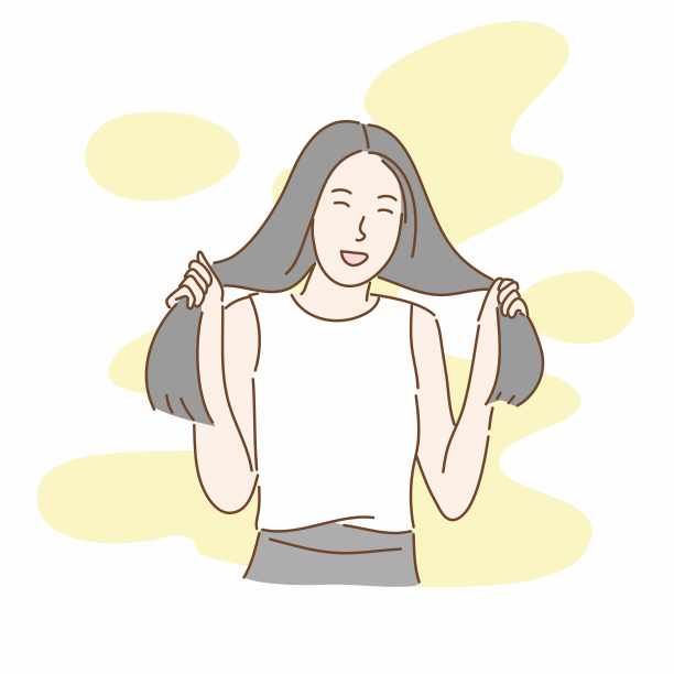 快乐的女人拿着头发。手绘扁平人物风格。图片下载