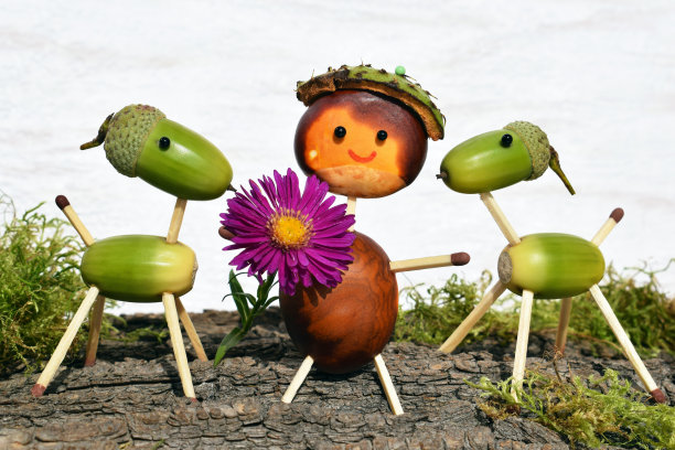 栗子和橡子做成的小雕像图片下载