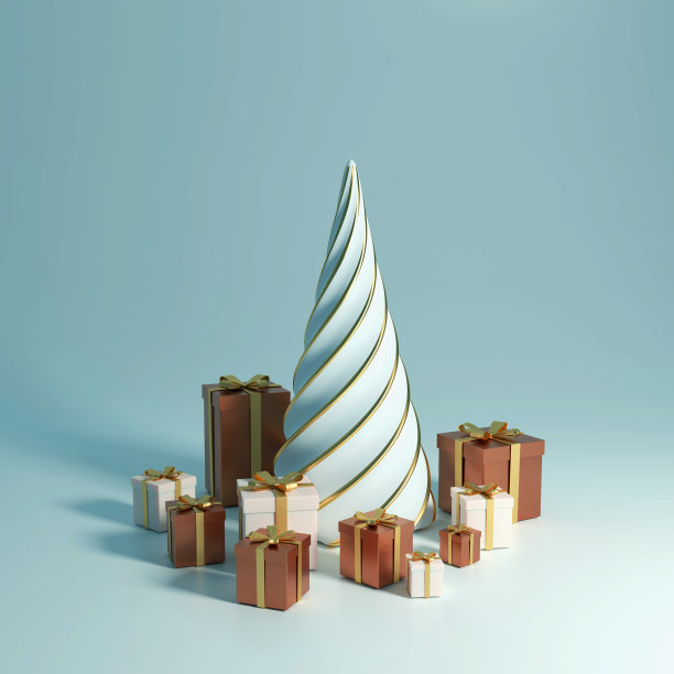 3d渲染2021年，圣诞棕色和白色礼盒与一个金弓，概念金杉树，贺卡圣诞和新年，水平插图。图片下载