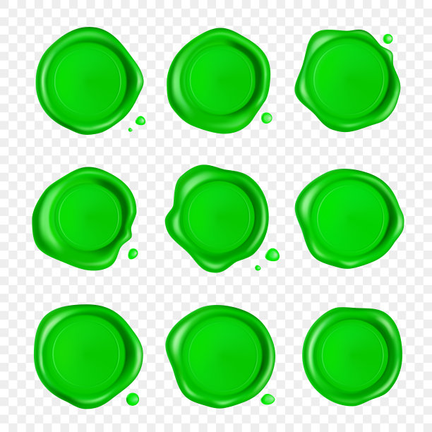 绿色蜡封套。蜡印章邮票集与滴孤立在透明的背景。现实的有保证的绿色邮票。逼真的3d矢量图图片下载
