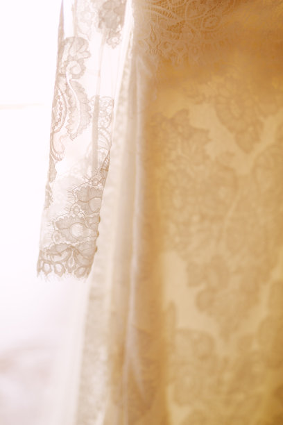 特写的花朵纹理的袖子和裙子图案的新娘的裙子。图片下载