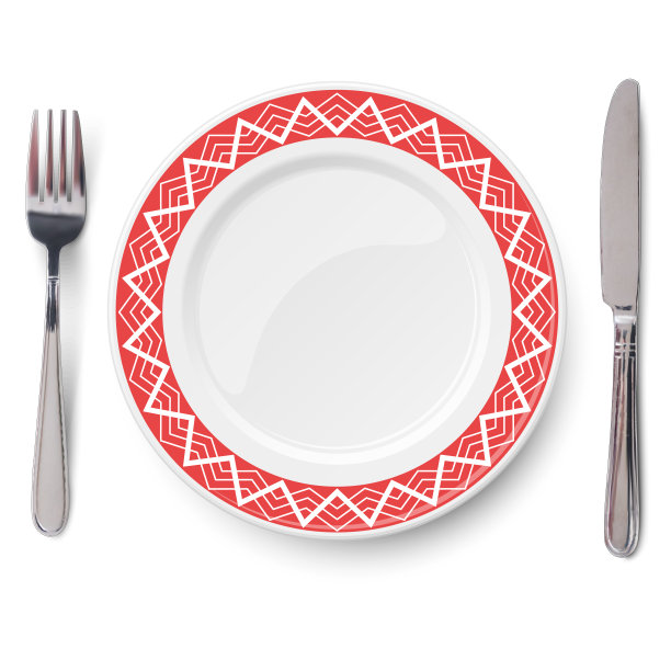 空矢量红色板与白色几何线图案和刀叉孤立在白色背景。从以上观点。图片下载