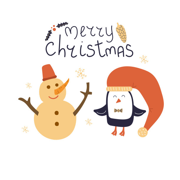 手绘文字圣诞快乐和可爱的雪人，企鹅。平坦的插图。冬天，假期，新年概念。图片下载