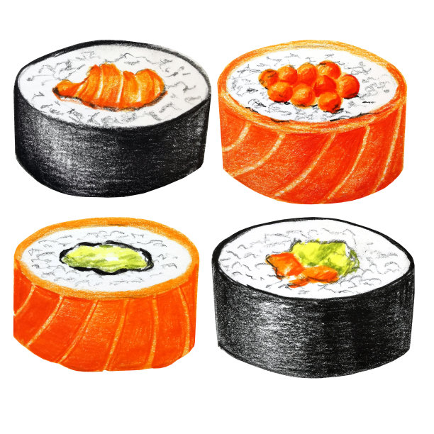 寿司和卷手画亚洲厨房食物套装。海鲜及各种生鱼食品，美味的日本美食收藏。手工插图上的白色背景图片下载