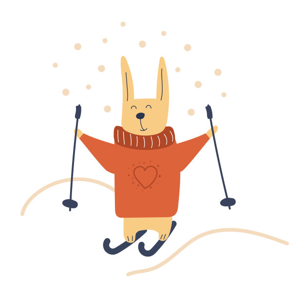 手画可爱的兔子滑雪和拿着滑雪杖。冬季，假期，运动概念。平坦的插图。图片下载