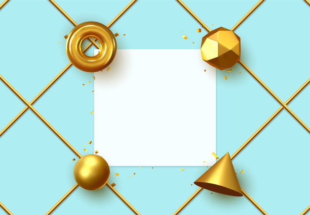 抽象的几何背景。3D形状，金色球体，环面，锥体。图片下载