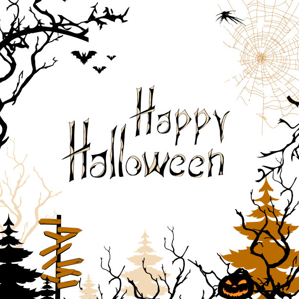 万圣节快乐横幅白色背景。可怕的森林，有黑树和蝙蝠。框架的文字，祝贺和邀请。图片下载