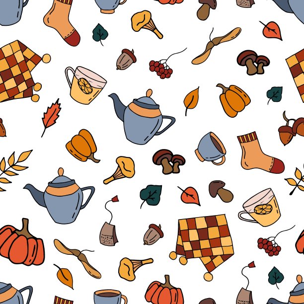 舒适的秋天的模式。涂鸦风格。白色背景隔离。无尽的纹理为您的设计图片下载