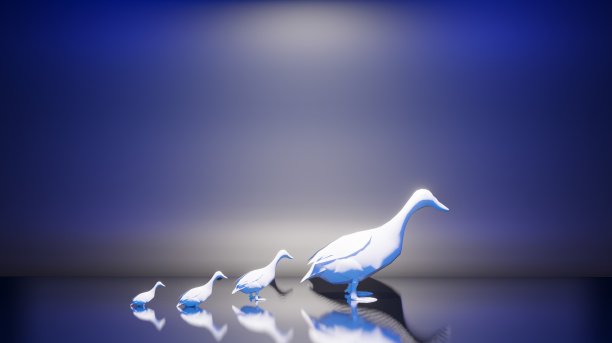 一个美丽的白色鸭子和小鸭与明亮的背景照明的3d渲染插图。用于邀请、广告、商业、横幅使用图片下载