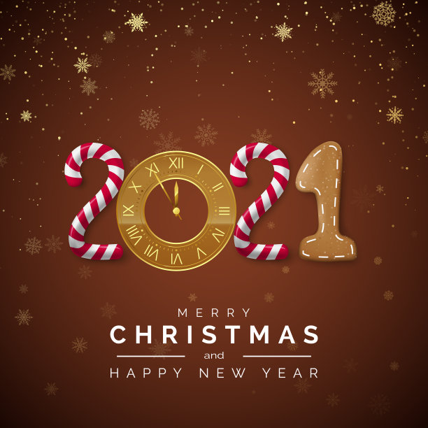 新2021年。贺卡与2021年字母。糖果和金钟，新年树枝和圣诞姜饼。向量图片下载