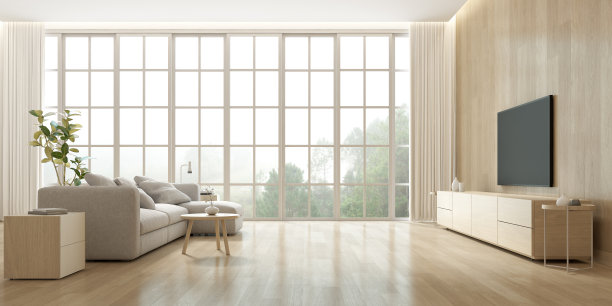 现代客厅的3D渲染，木墙上有电视屏幕，沙发以自然为背景。图片下载