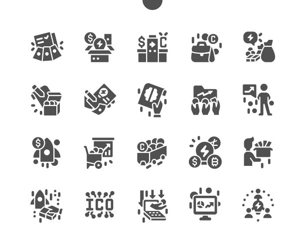 ICO代币区块链技术，首次代币发行，加密货币挖掘，IT创业公司众筹矢量实体图标，简单象形图图片下载