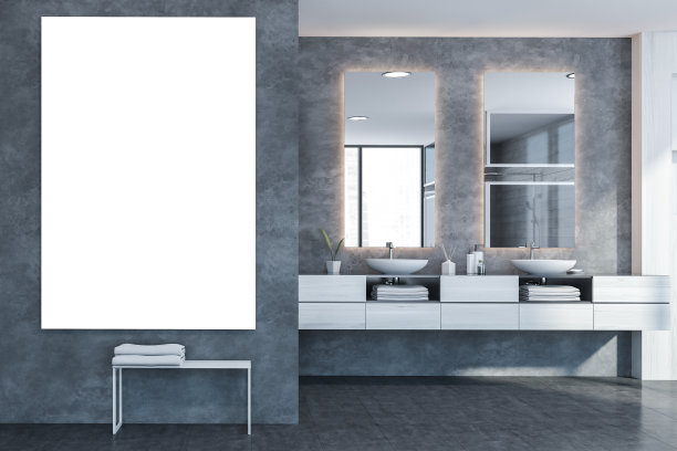 水泥浴室里的水槽，贴着海报图片下载