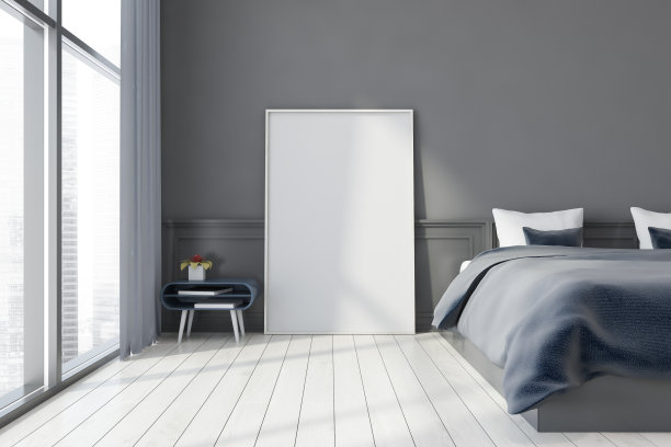 灰色的卧室内部与垂直的海报图片下载