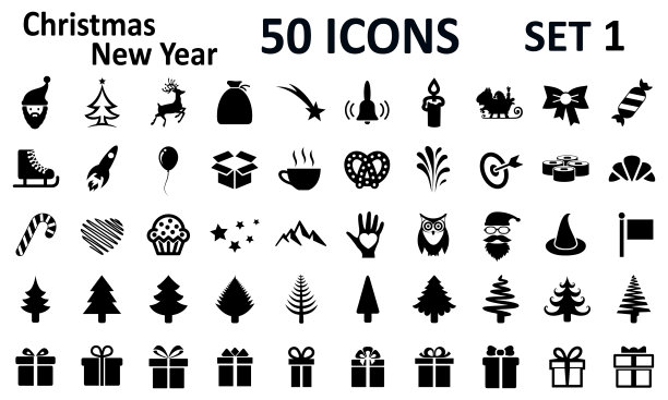 集1的50个圣诞节，新年假期图标在平面风格收集-矢量图片下载