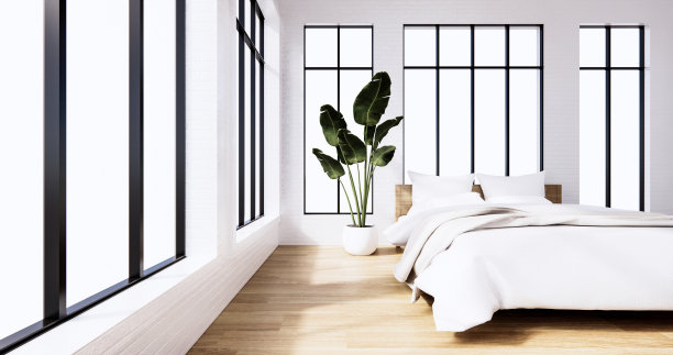 卧室内部阁楼风格白墙砖。三维渲染图片下载