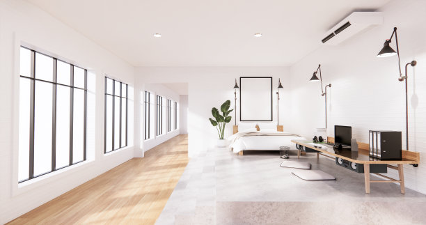 现代阁楼卧室内部配备电脑和办公桌上的办公工具。三维渲染图片下载