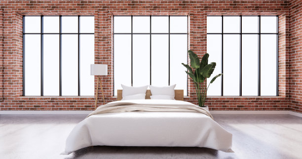 卧室内部阁楼风格与框架上的墙砖。三维渲染图片下载