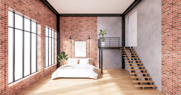 卧室内部阁楼风格，电脑和办公桌上的办公工具。三维渲染图片下载