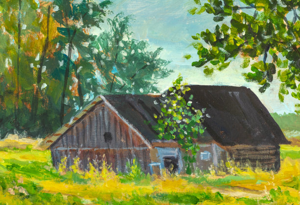 亚克力油画旧谷仓农舍、春光明媚的夏景——乡村乡村景观插画图片下载