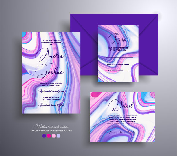 一套亚克力婚礼请柬与石材纹理。玛瑙矢量卡大理石效果和旋转油漆，蓝色，粉色和白色的颜色。设计用于海报、包装等。图片下载