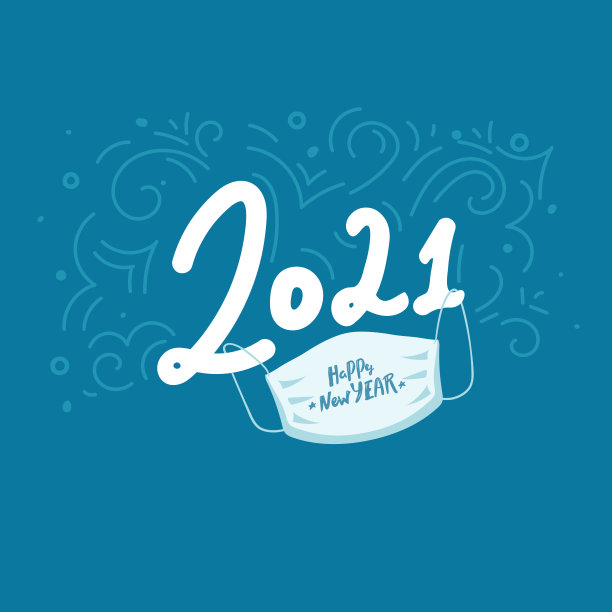 新年快乐!字母排版文字与医疗口罩隔离在蓝色背景上。新年快乐。矢量寒假贺卡设计模板，图片下载